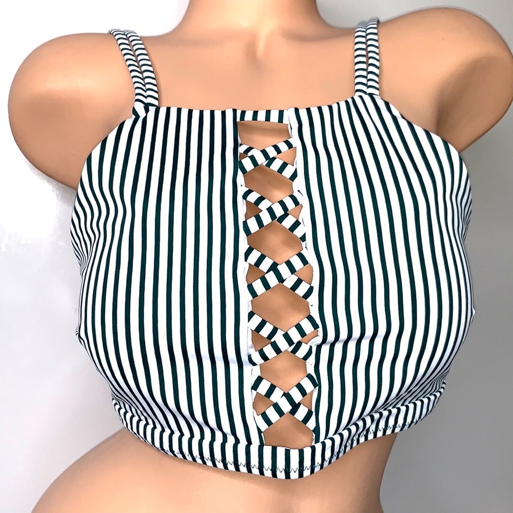 NWOT Striped Halter White Green Crisscross Bikini